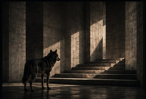 The wolf pausing beneath a colonnade of concrete pillars as light reveals a geometric stair beyond