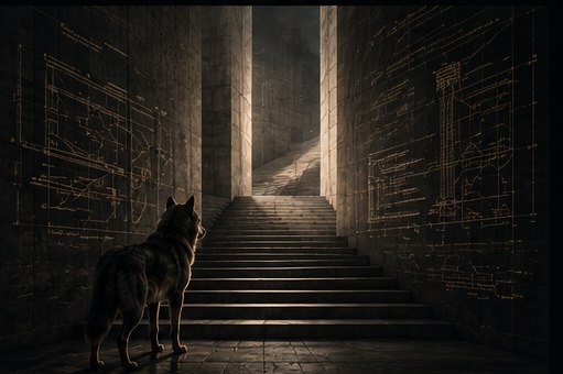 The wolf looking upward at a monumental stairway lit by faint architectural blueprint lines