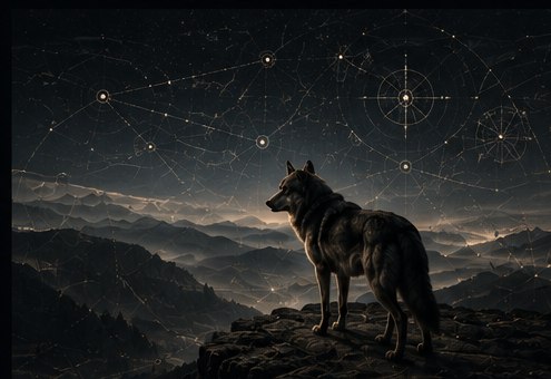 The wolf overlooking a misted mountain landscape beneath a faint constellation chart