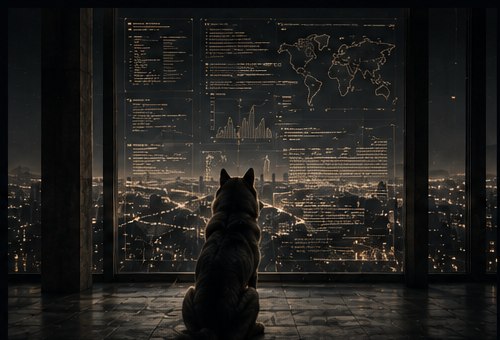 The wolf seated before a tall window overlooking a city at night, data annotations faint on the glass